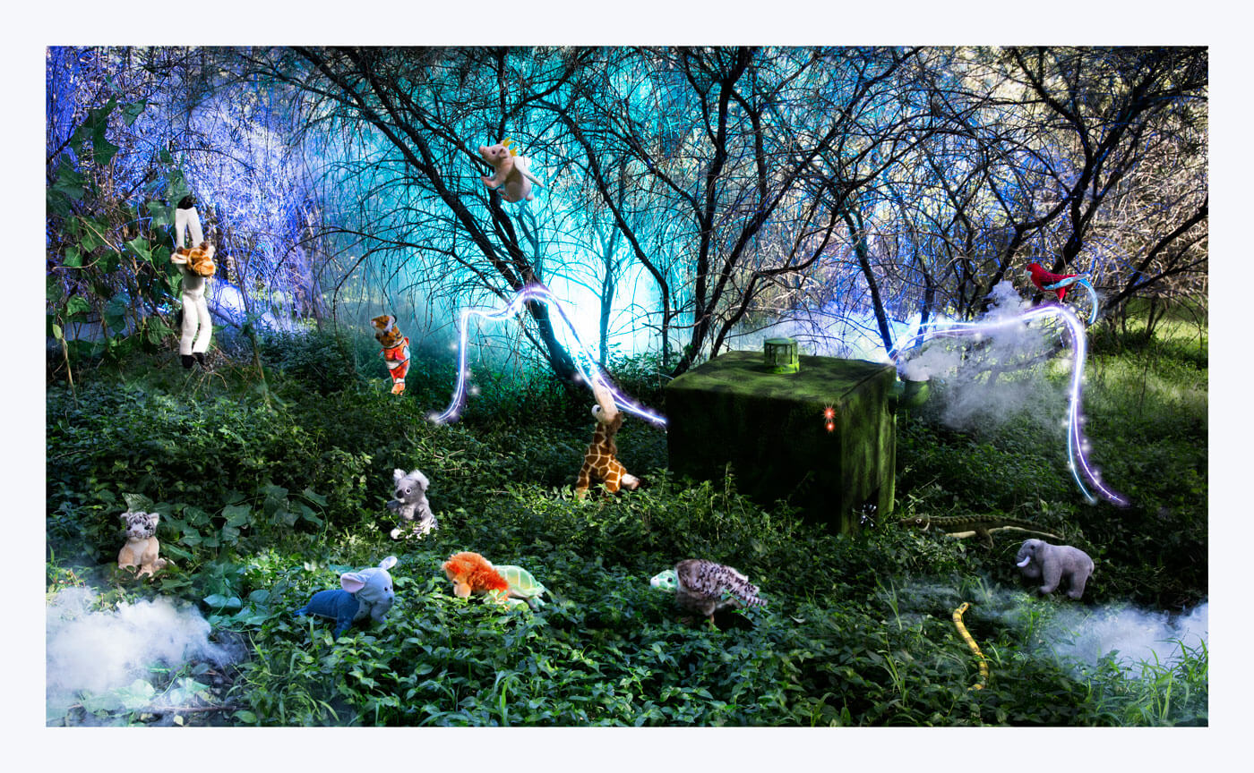 Fantasy image of stuffed animals in a garden