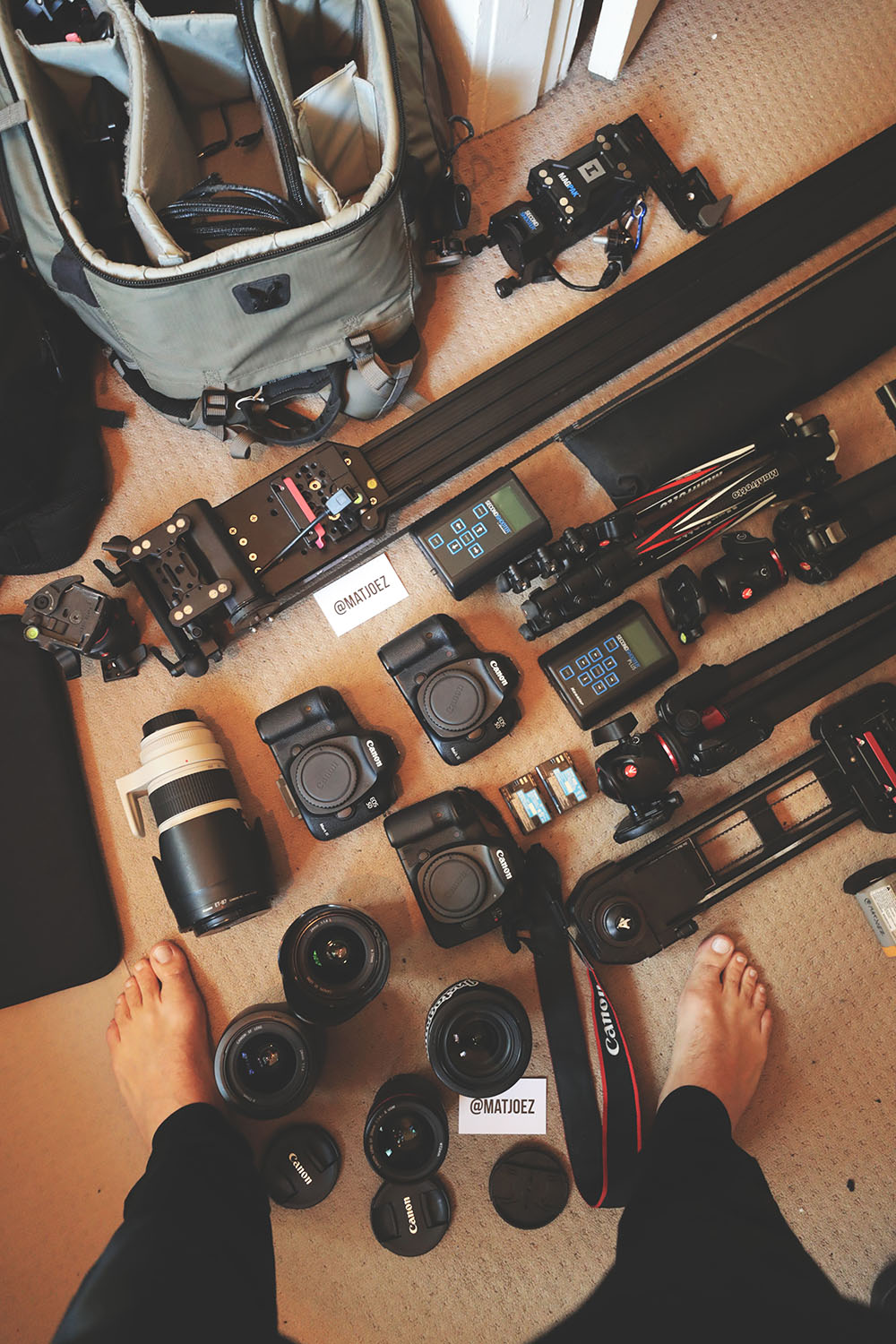 Flat lay of camera gear used for a professional astro photography shot