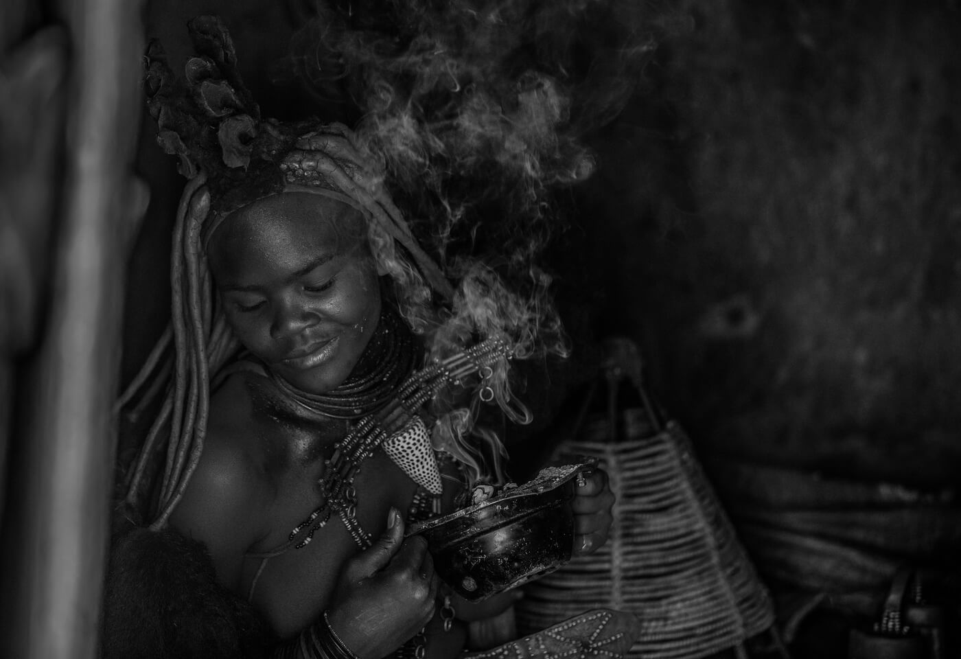 Tribal woman with incense black and white