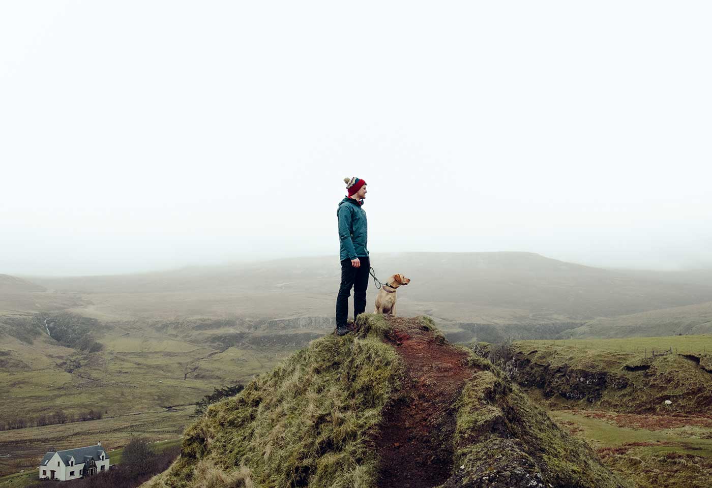 Image of a man with his dog up on a hill